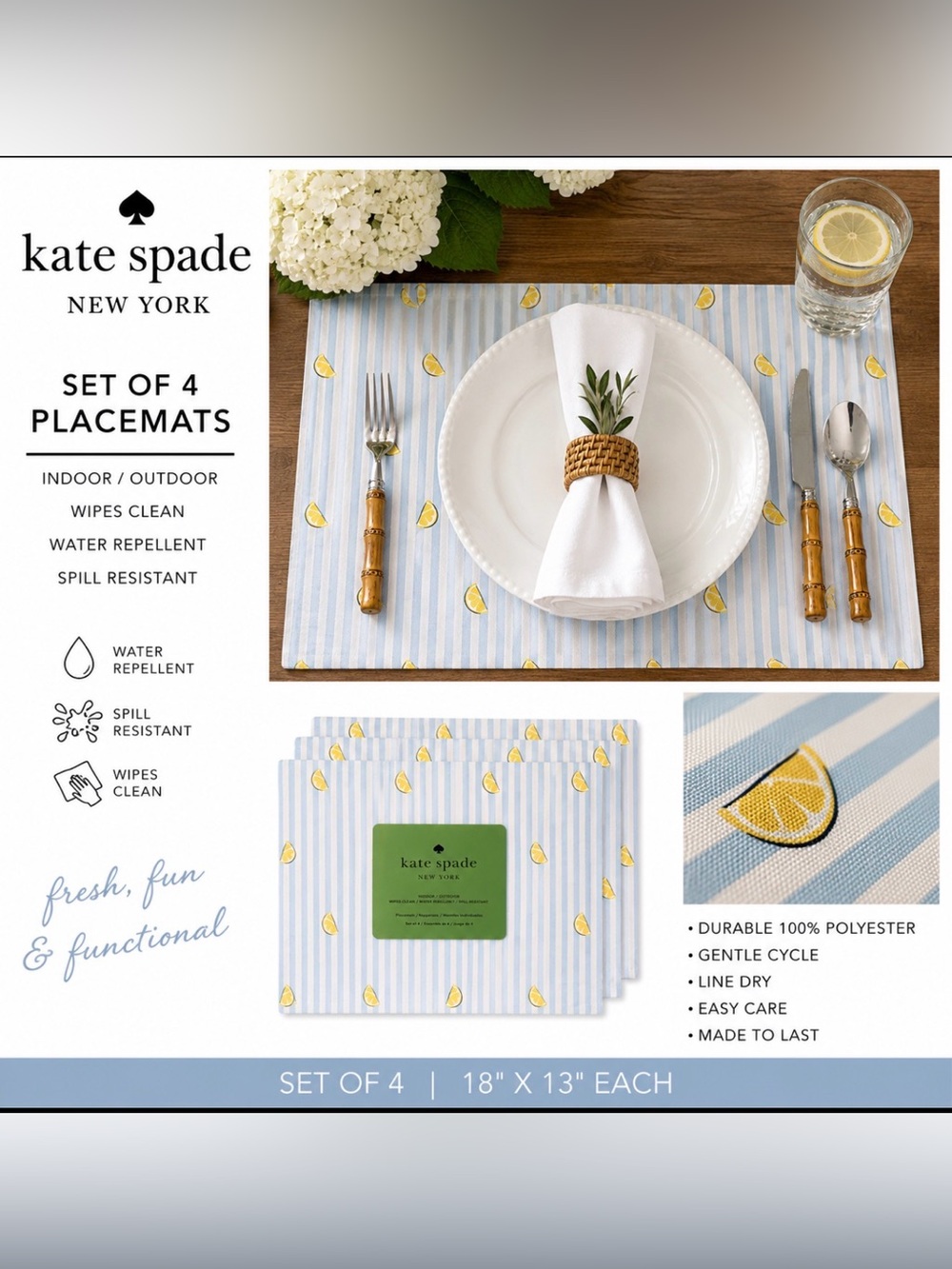 kate spade Blue and Yellow Lemon Stripe Placemats - Set of 4 NWT